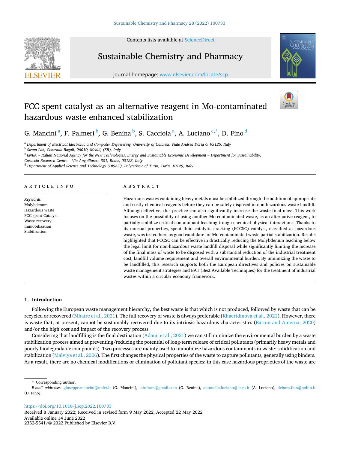 FCC spent catalyst as an alternative reagent in Mo-contaminated hazardous waste enhanced stabilization by G. Mancini & F. Palmeri & G. Benina & S. Cacciola & A. Luciano & D. Fino