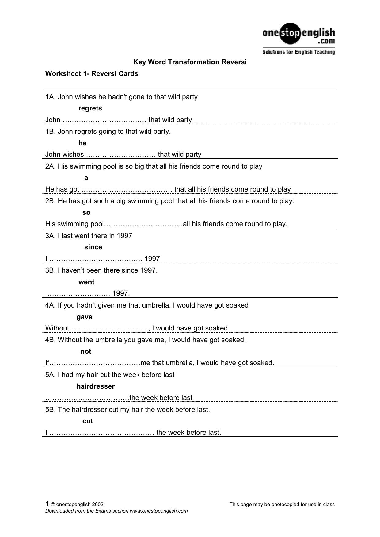 FCE: Use of English. Part 4. Key Word Transformations. Reversi. Worksheet by Case Alexander Sayer Mike