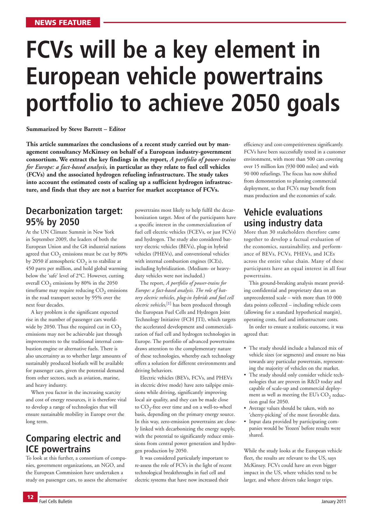 FCVs will be a key element in European vehicle powertrains portfolio to achieve 2050 goals by Steve Barrett & Summarized by