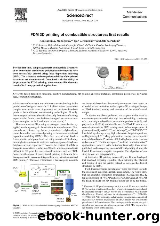 FDM 3D printing of combustible structures: First results by Konstantin A. Monogarov & Igor V. Fomenkov & Alla N. Pivkina