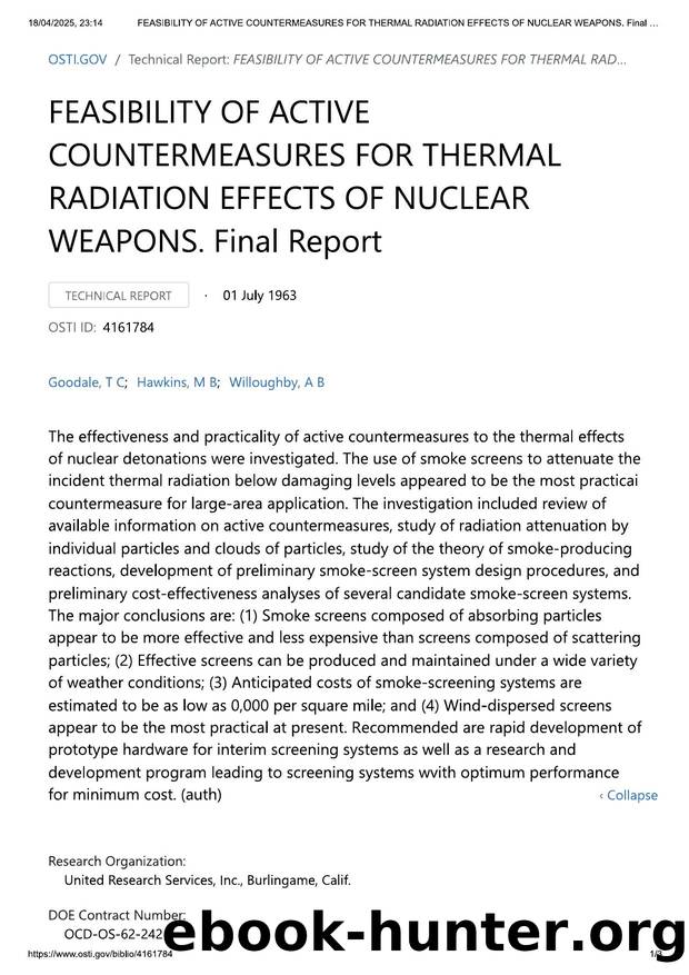 FEASIBILITY OF ACTIVE COUNTERMEASURES F...l Report (Technical Report) _ OSTI.GOV by Unknown