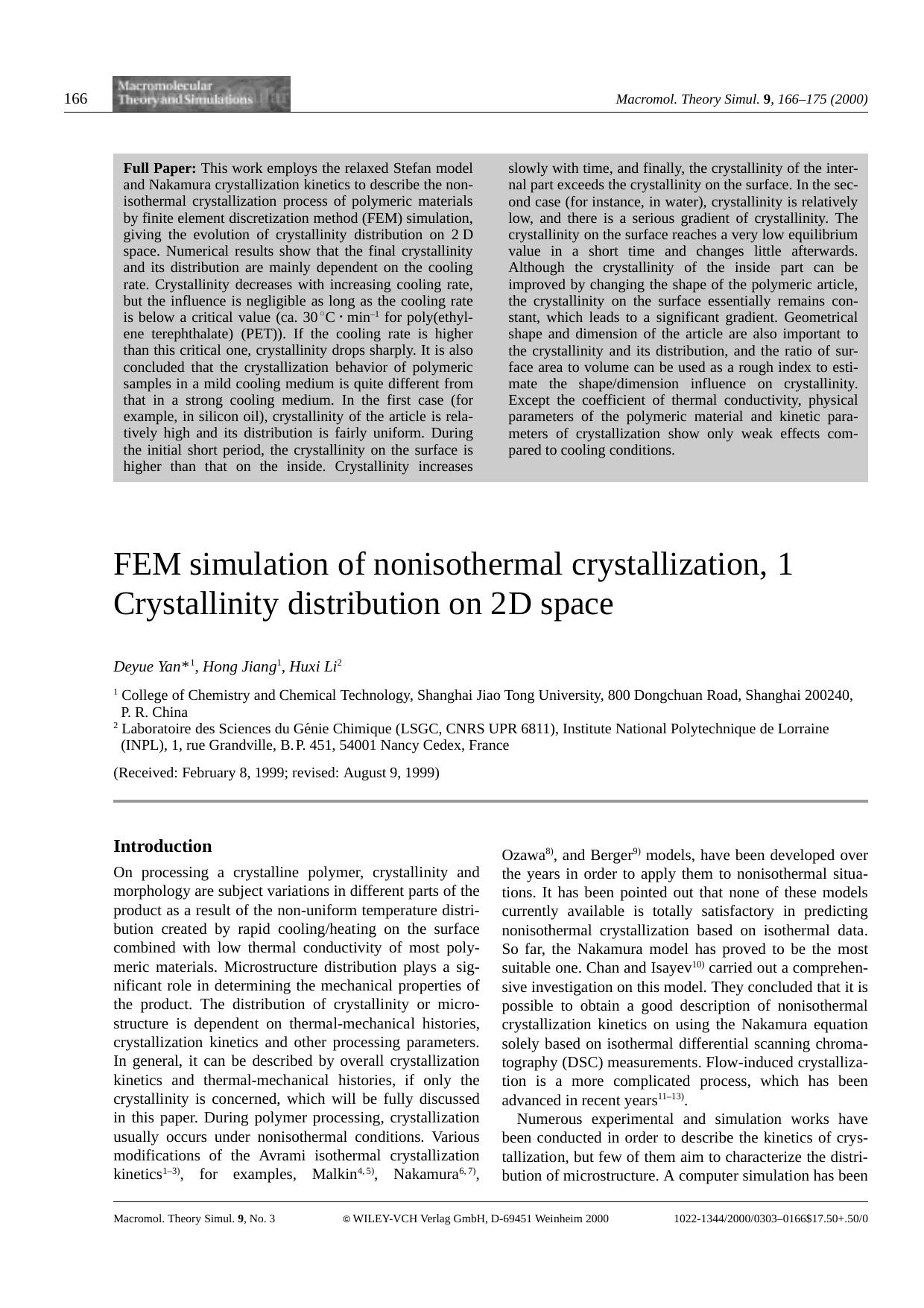 FEM simulation of nonisothermal crystallization, 1 Crystallinity distribution on 2 D space by Unknown