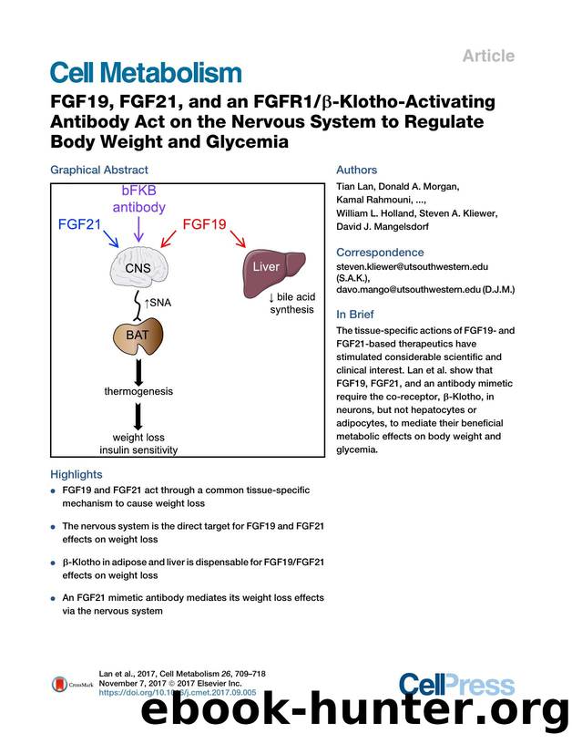 FGF19, FGF21, and an FGFR1&beta;-Klotho-Activating Antibody Act on the Nervous System to Regulate Body Weight and Glycemia by unknow