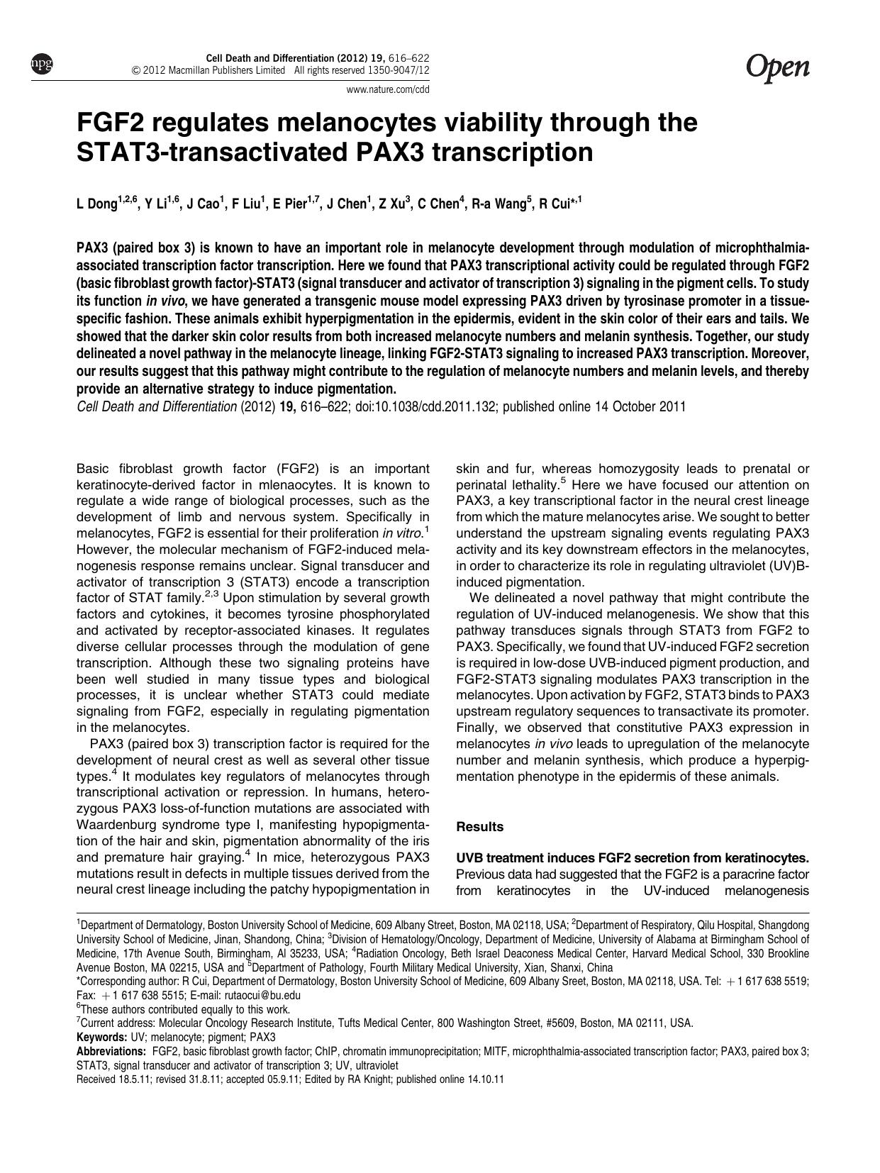 FGF2 regulates melanocytes viability through the STAT3-transactivated PAX3 transcription by L Dong & Y Li & J Cao & F Liu & E Pier & J Chen & Z Xu & C Chen & R-a Wang & R Cui