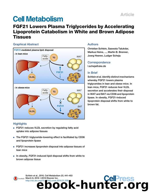 FGF21 Lowers Plasma Triglycerides by Accelerating Lipoprotein Catabolism in White and Brown Adipose Tissues by unknow