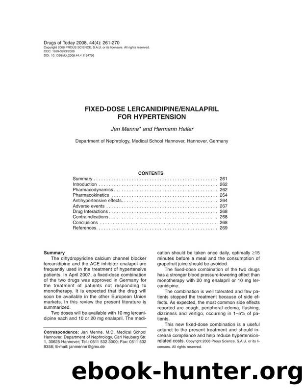 FIXED-DOSE LERCANIDIPINEENALAPRIL FOR HYPERTENSION by Copyright 2008 Prous Science S.A.U. or its licensors. All rights reserved
