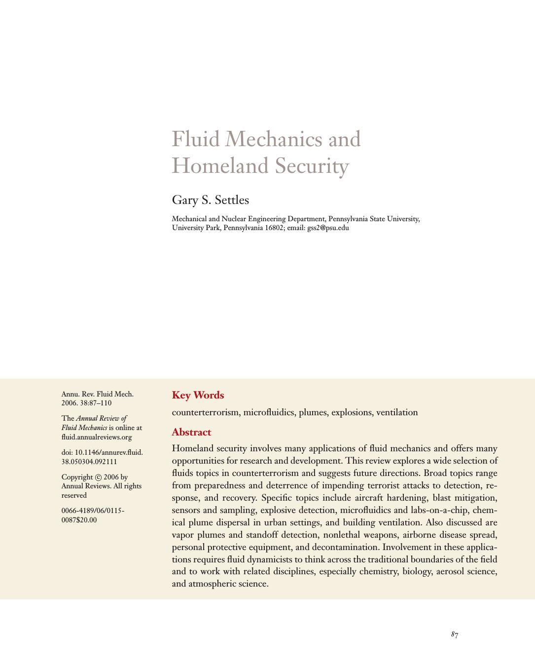 FLUID MECHANICS AND HOMELAND SECURITY by Gary S. Settles