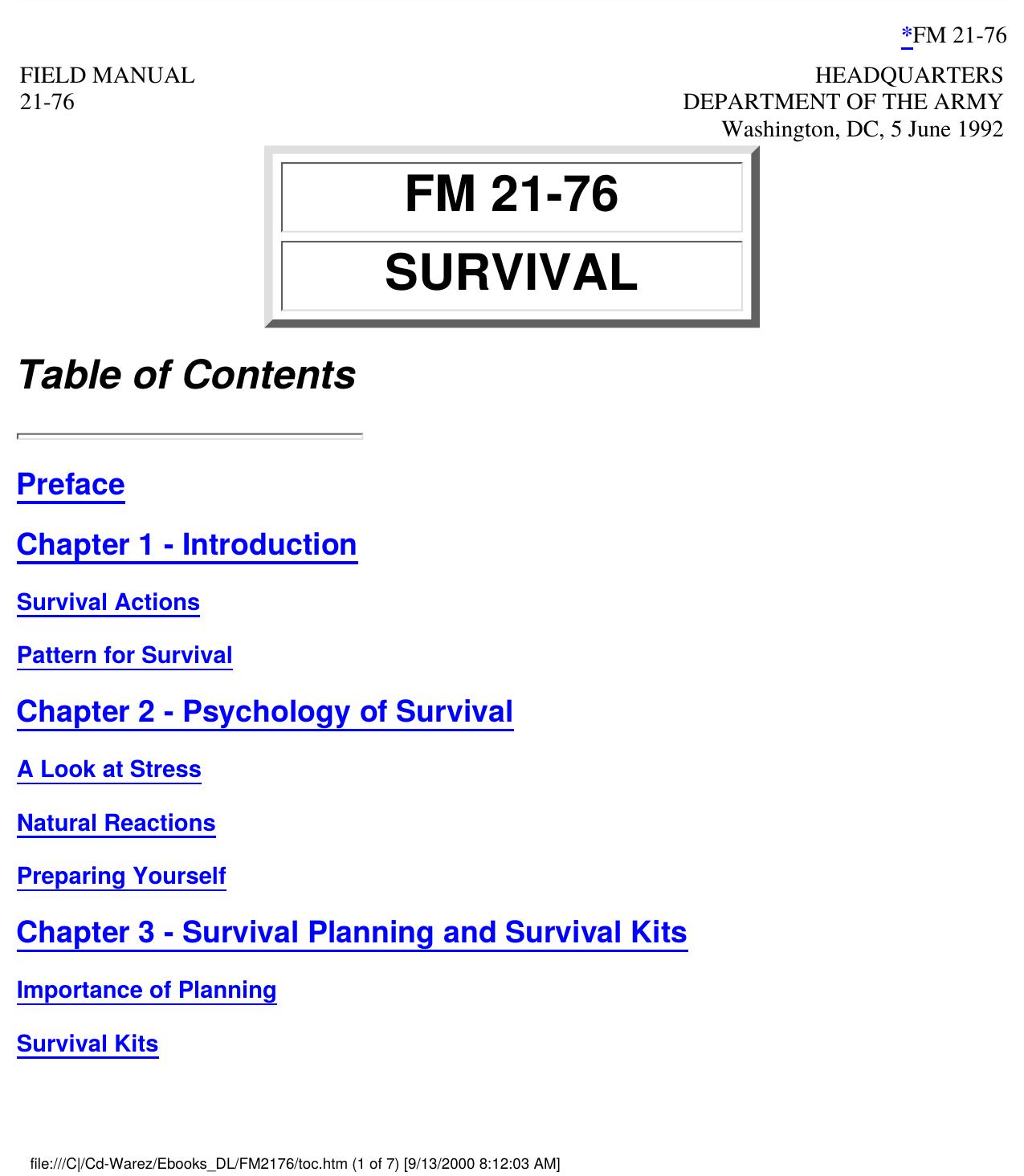 FM 21-76 Table of Contents by Survival Manual