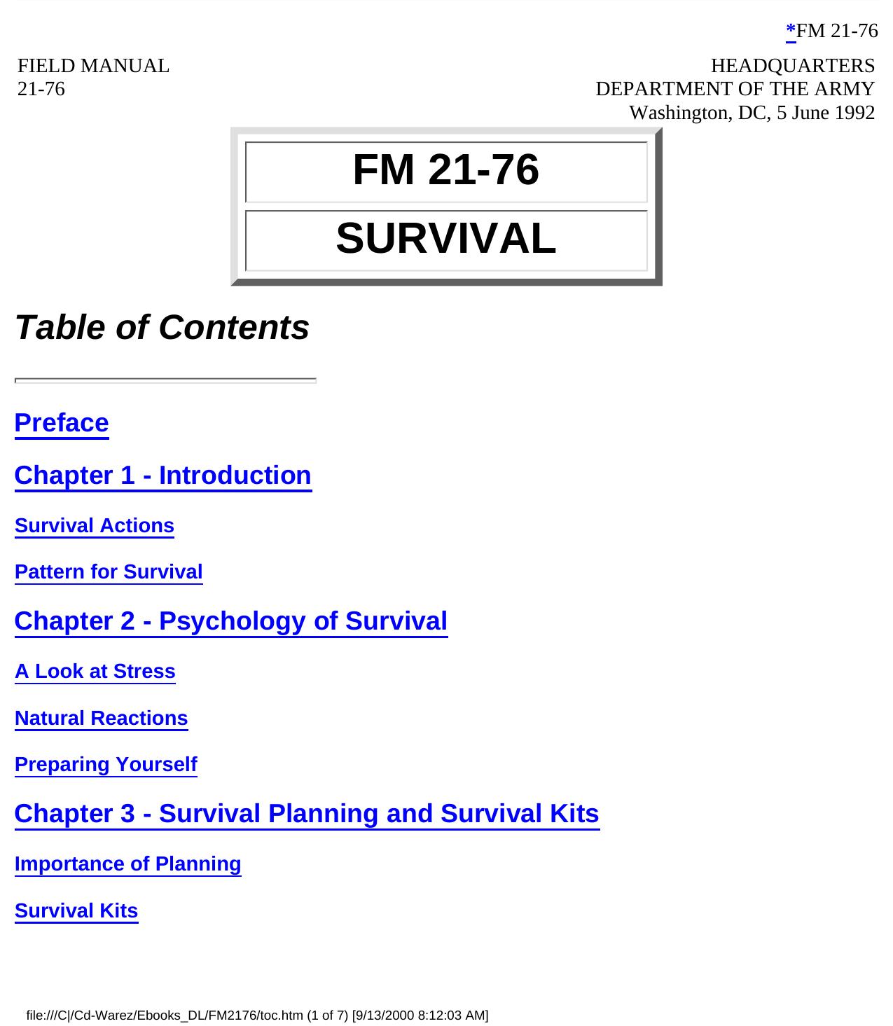 FM 21-76 Table of Contents by US Army Survival Manual FM 21-76