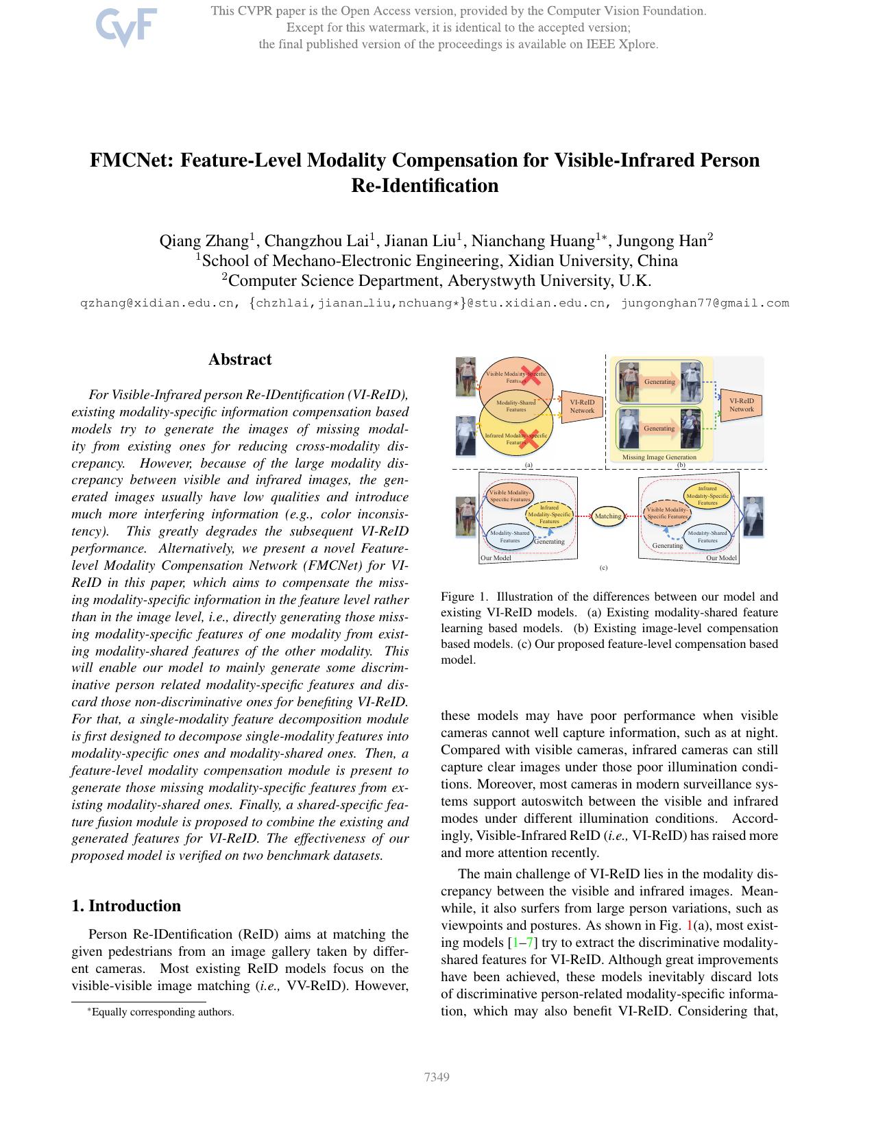 FMCNet: Feature-Level Modality Compensation for Visible-Infrared Person Re-Identification by Qiang Zhang & Changzhou Lai & Jianan Liu & Nianchang Huang & Jungong Han