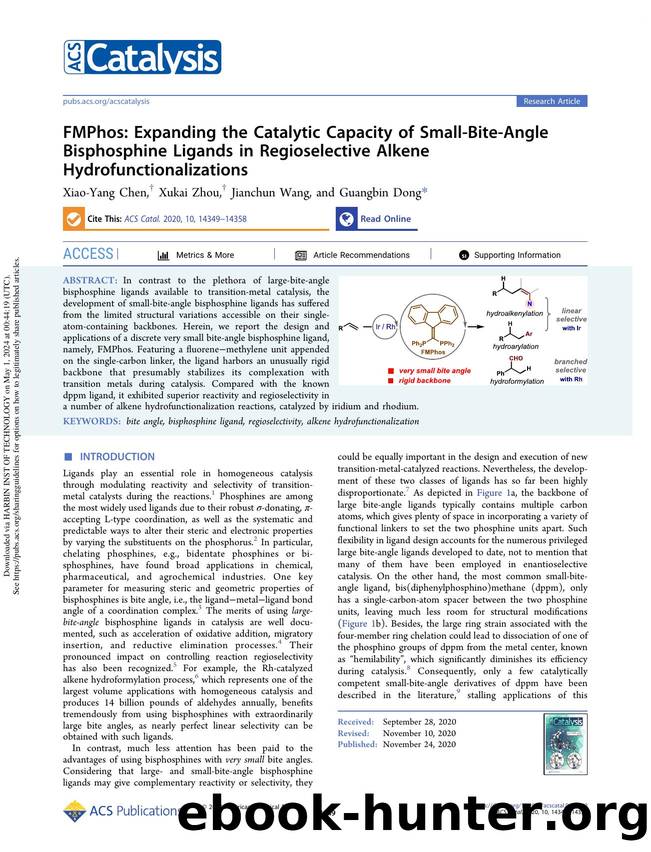 FMPhos: Expanding the Catalytic Capacity of Small-Bite-Angle Bisphosphine Ligands in Regioselective Alkene Hydrofunctionalizations by Xiao-Yang Chen Xukai Zhou Jianchun Wang & Guangbin Dong
