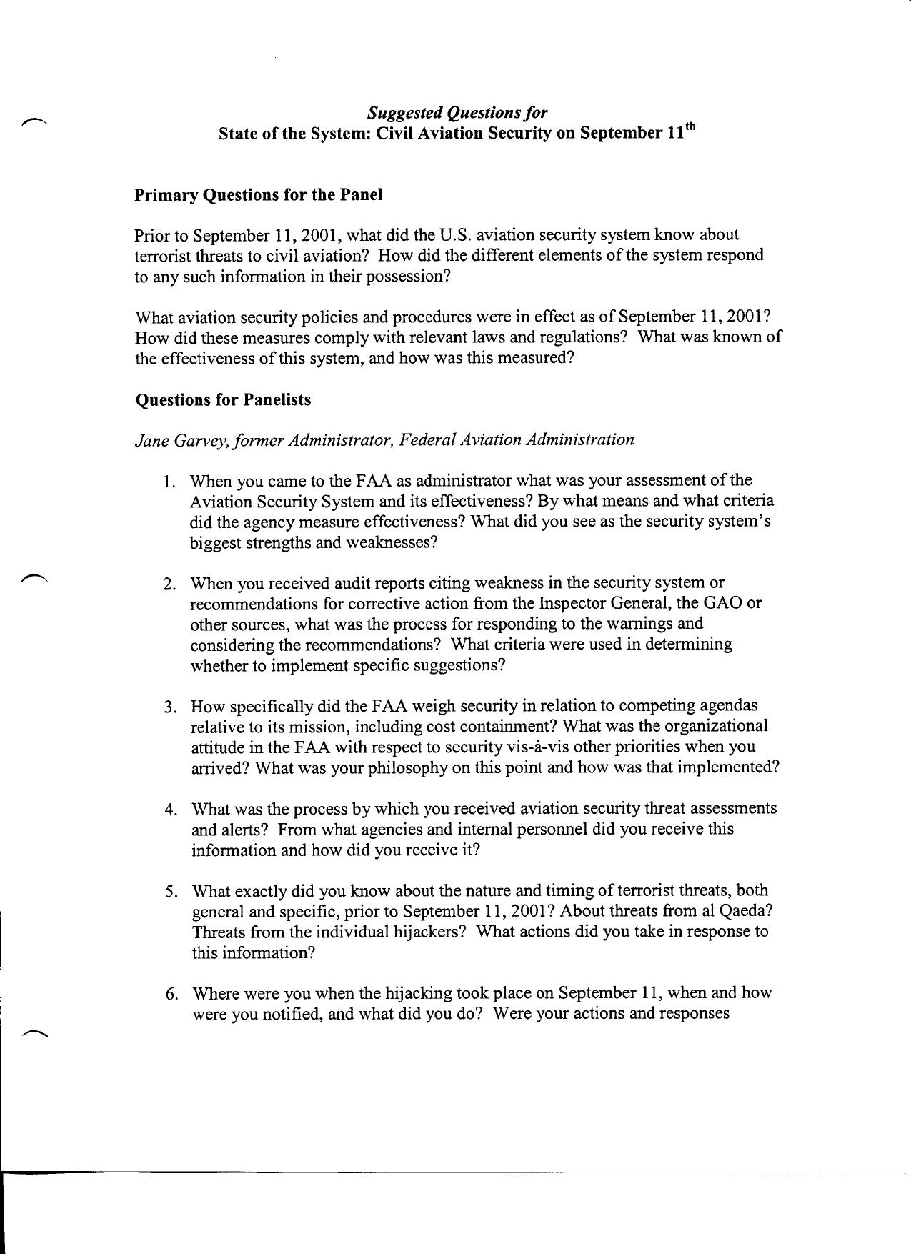 FO B1 Public Hearing 5-22-03 Fdr- Tab 5- Suggested Questions for State of the System- Civil Aviation Security on 911 by Unknown