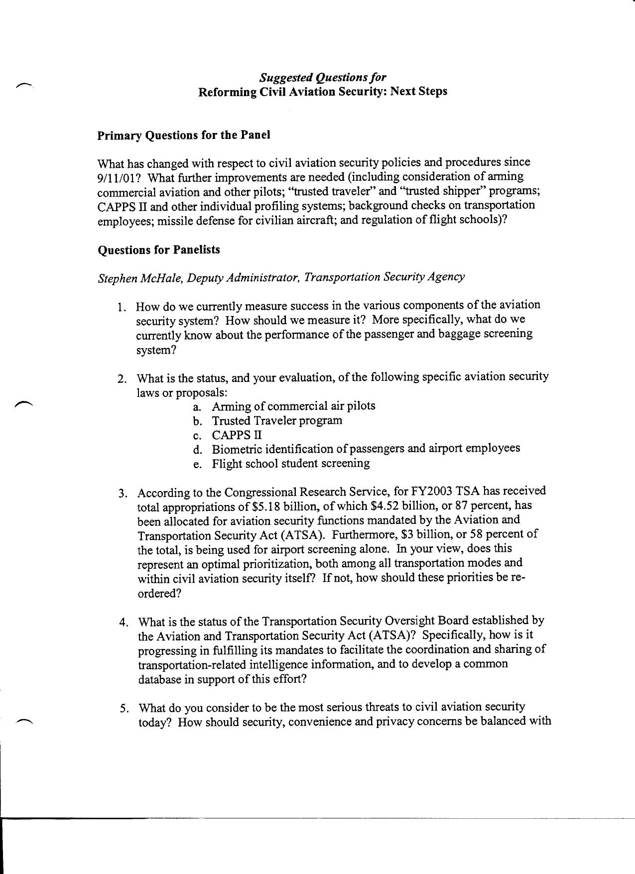 FO B1 Public Hearing 5-22-03 Fdr- Tab 7- Suggested Questions for Reforming Civil Aviation Security- Next Steps 625 by Unknown