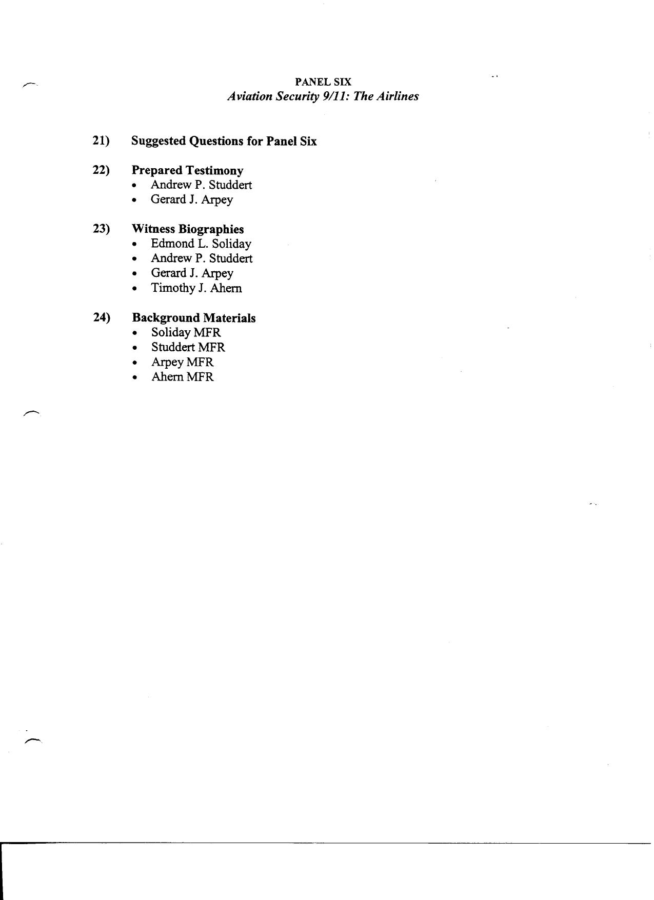 FO B3 Public Hearing 1-26-04 2 of 3 Fdr- Tab 10 Table of Contents and 10-19 Suggested Questions for Panel Six- Aviation Security on 911- The Airlines 690 by Unknown