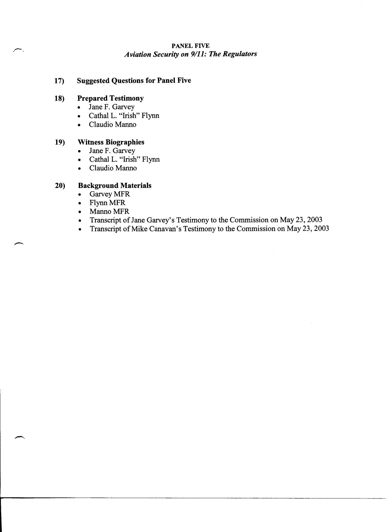 FO B3 Public Hearing 1-26-04 2 of 3 Fdr- Tab 9 Table of Contents and 9-16 Suggested Questions for Panel Five- Aviation Security on 911- The Regulators 688 by Unknown