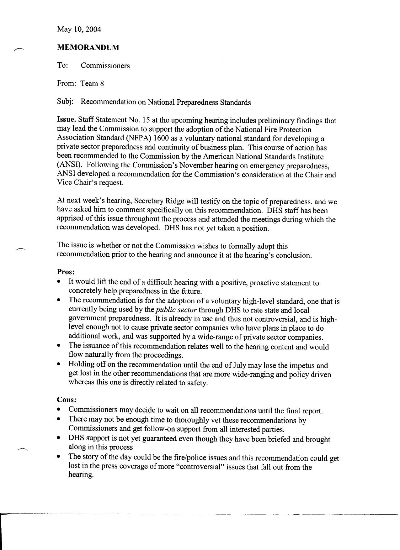 FO B5 Public Hearing 5-18-04 3 of 3 Fdr- Tab 12- 5-10-04 Memo re Recommendation on National Preparedness Standards 771 by Unknown