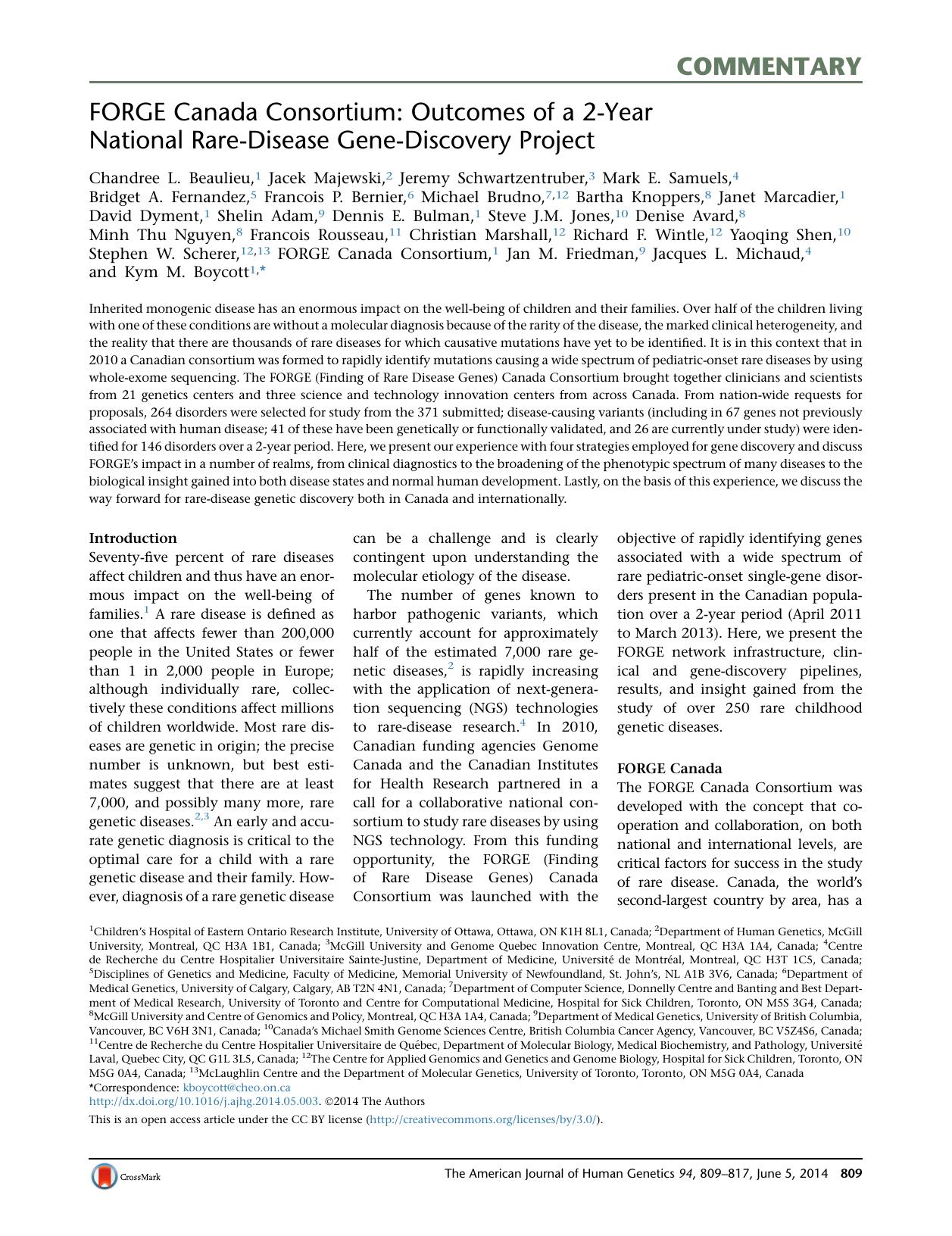 FORGE Canada Consortium: Outcomes of a 2-Year National Rare-Disease Gene-Discovery Project by unknow