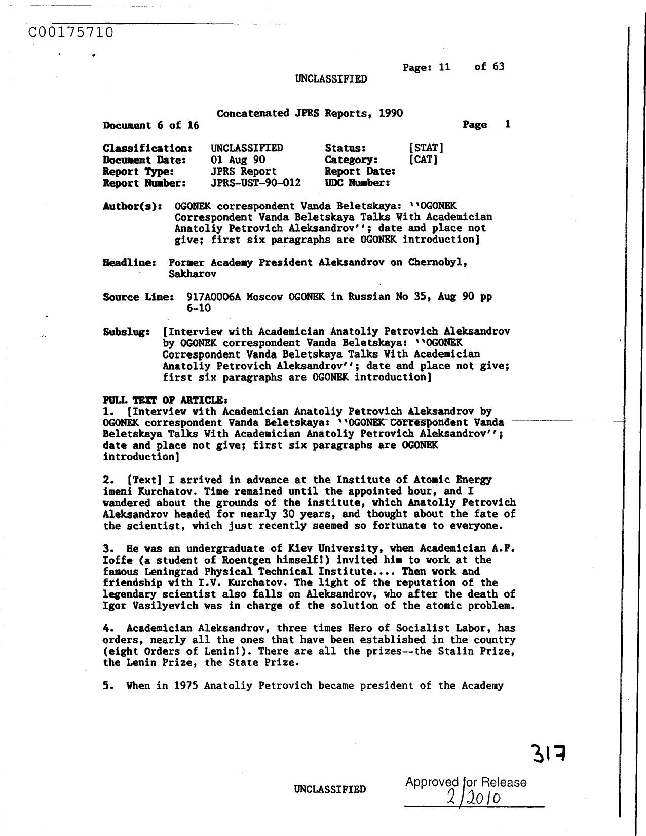 FORMER ACADEMY PRESIDENT ALEKSANDROV ON CHERNOBYL, SAKHAROV by Unknown