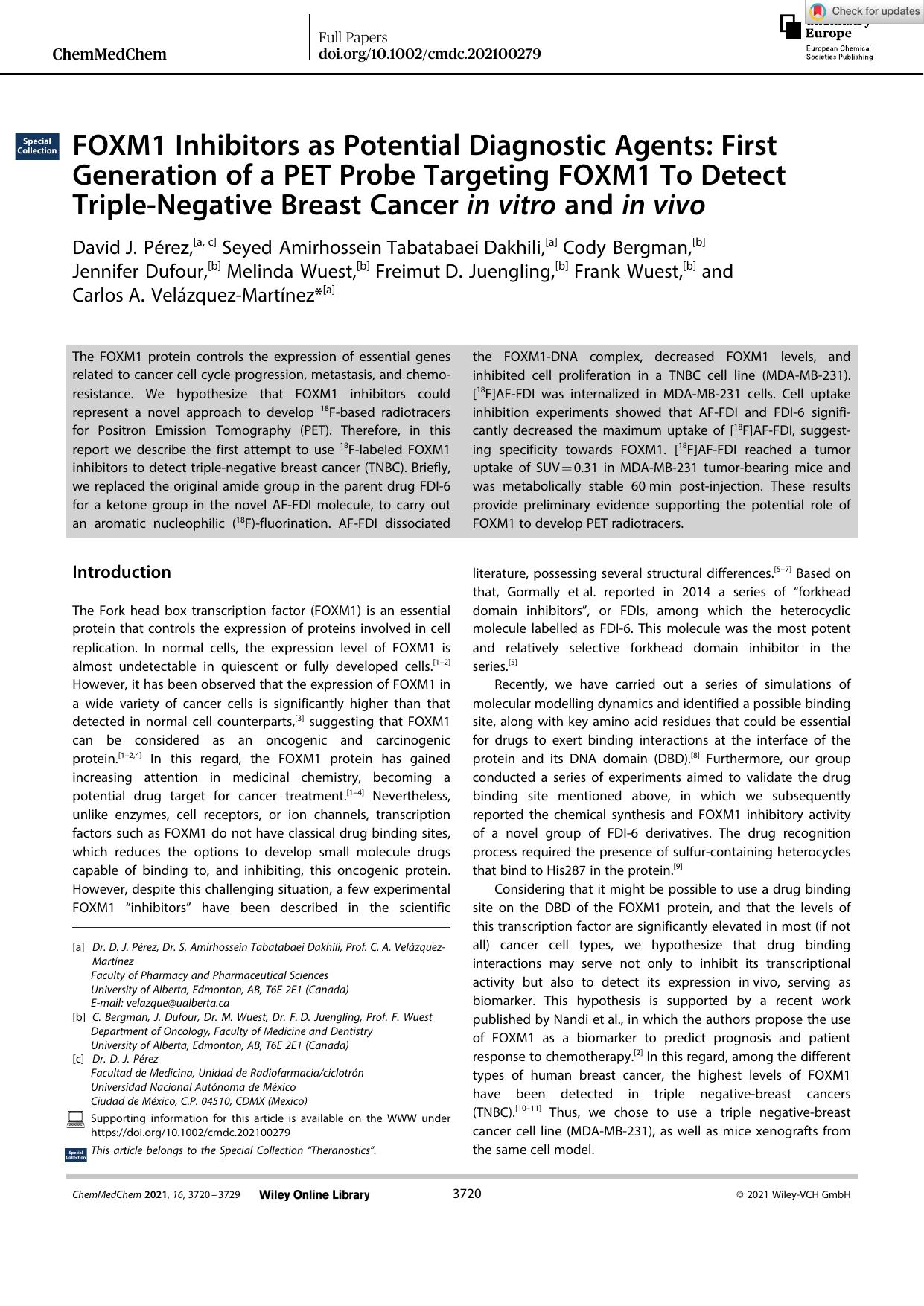 FOXM1 Inhibitors as Potential Diagnostic Agents: First Generation of a PET Probe Targeting FOXM1 To Detect TripleâNegative Breast Cancer inâvitro and inâvivo by Unknown