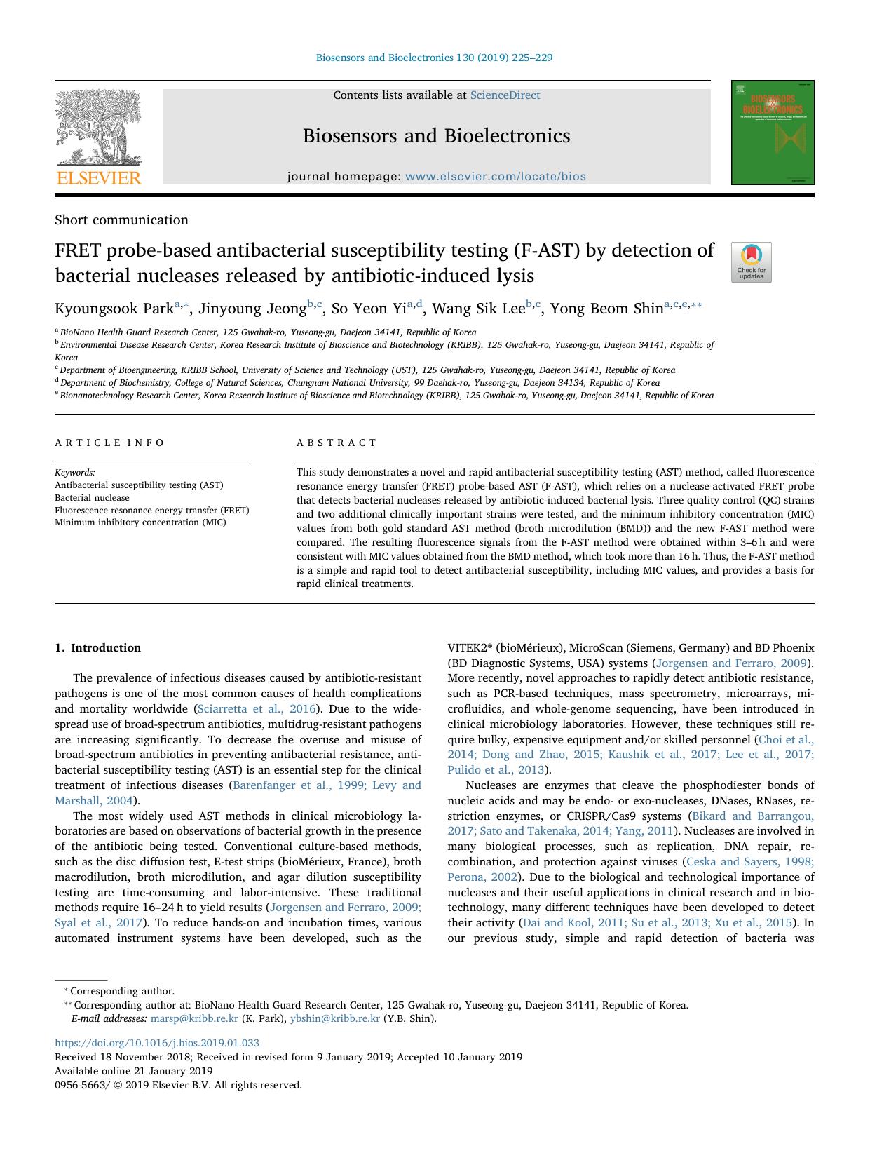 FRET probe-based antibacterial susceptibility testing (F-AST) by detection of bacterial nucleases released by antibiotic-induced lysis by Kyoungsook Park & Jinyoung Jeong & So Yeon Yi & Wang Sik Lee & Yong Beom Shin