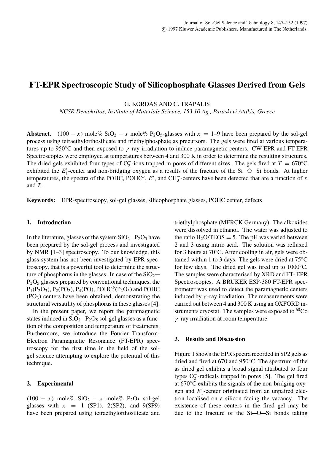 FT-EPR Spectroscopic Study of Silicophosphate Glasses Derived from Gels by Unknown