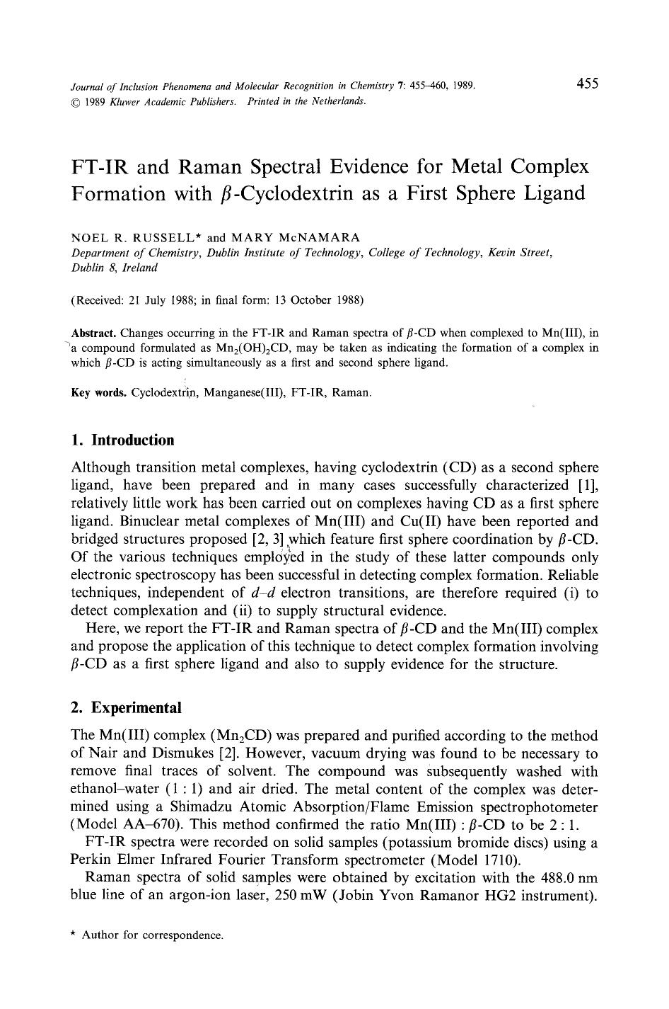 FT-IR and raman spectral evidence for metal complex formation with <Emphasis Type="Italic">&#x03B2; <Emphasis>-cyclodextrin as a first sphere ligand by Unknown