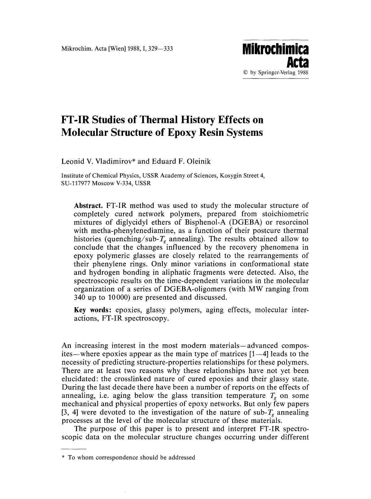 FT-IR studies of thermal history effects on molecular structure of epoxy resin systems by Unknown