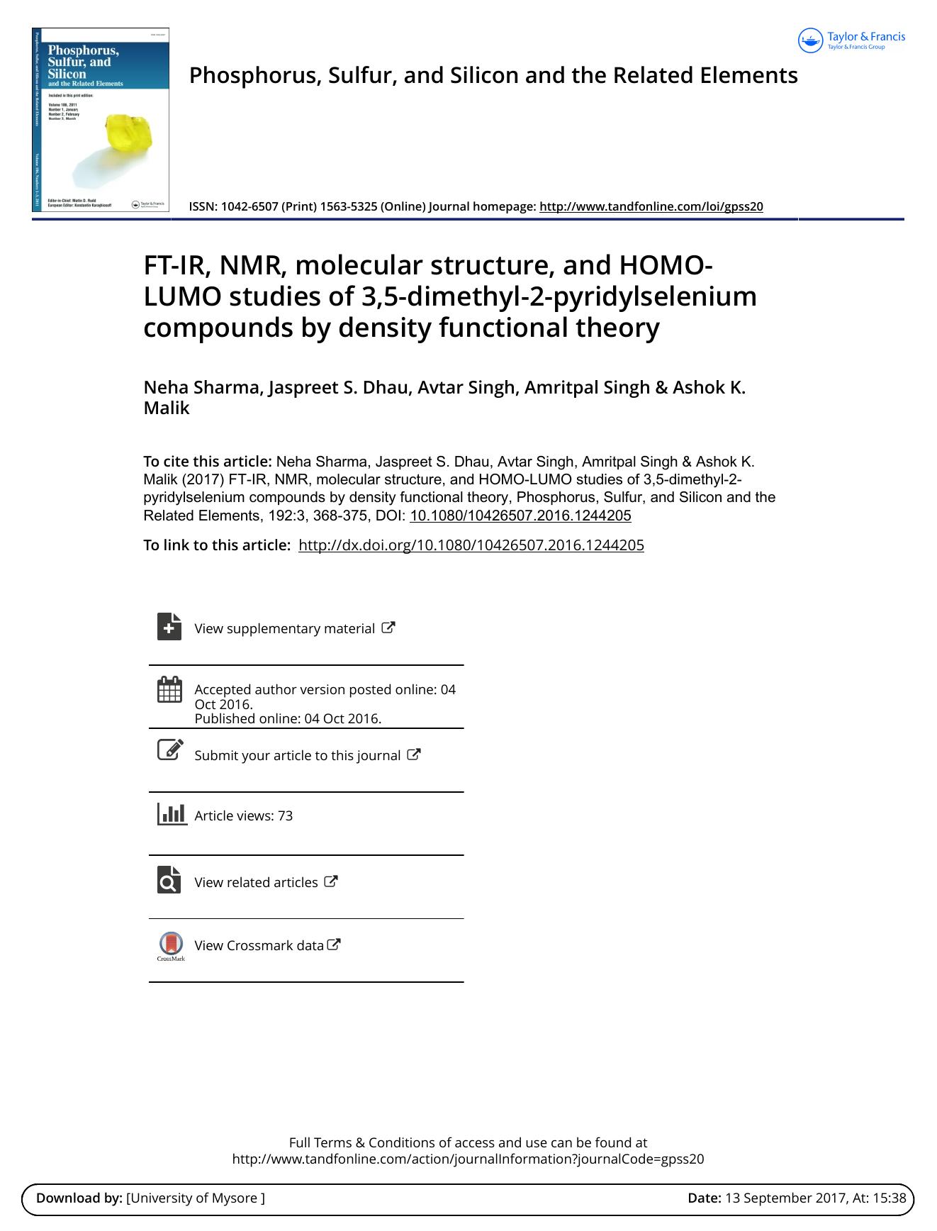 FT-IR, NMR, molecular structure, and HOMO-LUMO studies of 3,5-dimethyl-2-pyridylselenium compounds by density functional theory by Neha Sharma & Jaspreet S. Dhau & Avtar Singh & Amritpal Singh & Ashok K. Malik