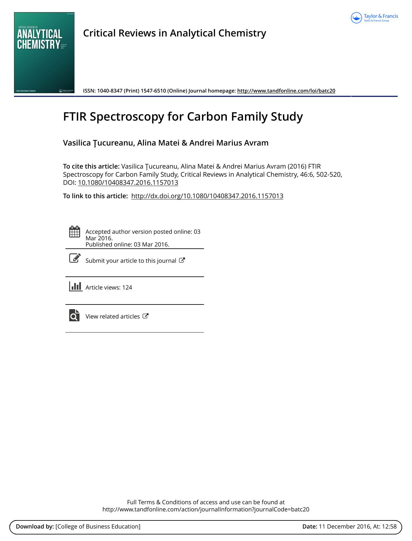 FTIR Spectroscopy for Carbon Family Study by Vasilica Tucureanu & Alina Matei & Andrei Marius Avram