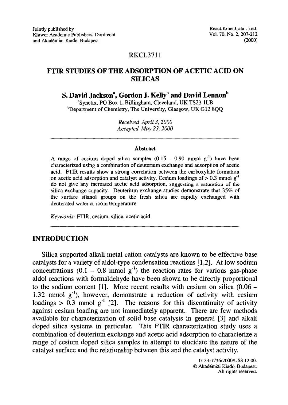 FTIR Studies of the Adsorption of Acetic Acid on Silicas by Unknown