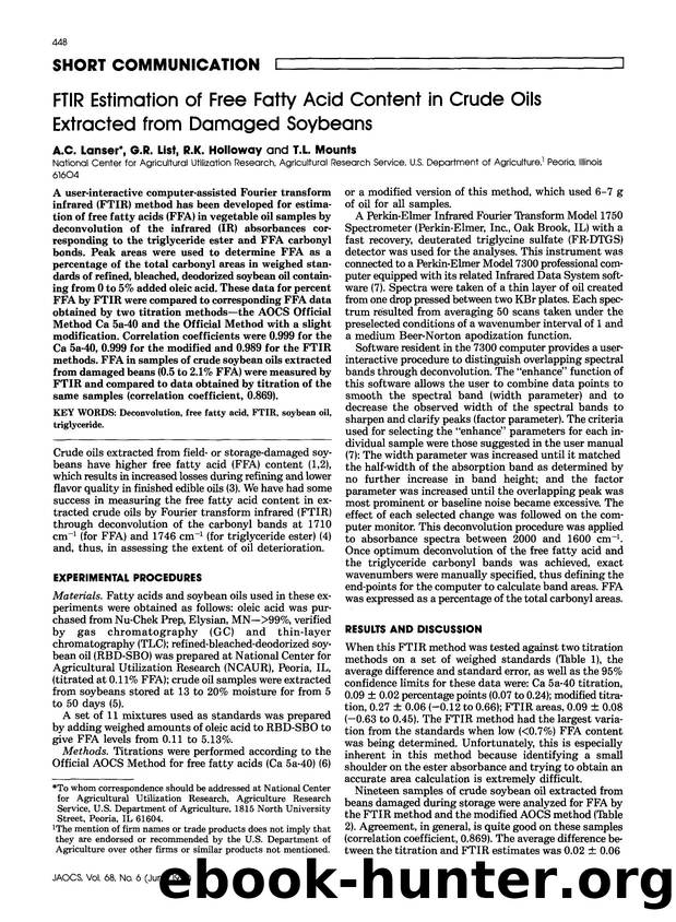 FTIR estimation of free fatty acid content in crude oils extracted from damaged soybeans by Unknown