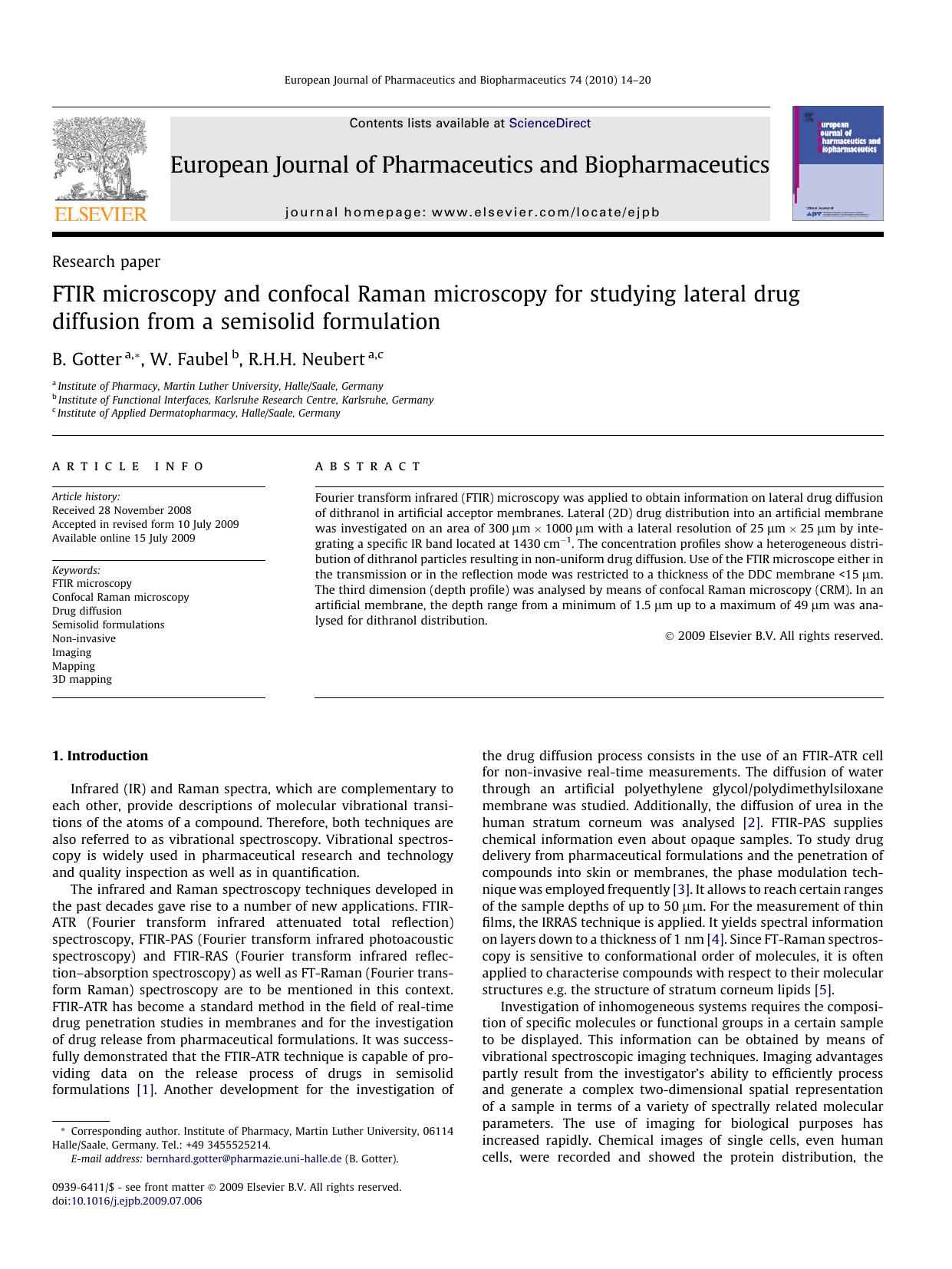 FTIR microscopy and confocal Raman microscopy for studying lateral drug diffusion from a semisolid formulation by B. Gotter; W. Faubel; R.H.H. Neubert