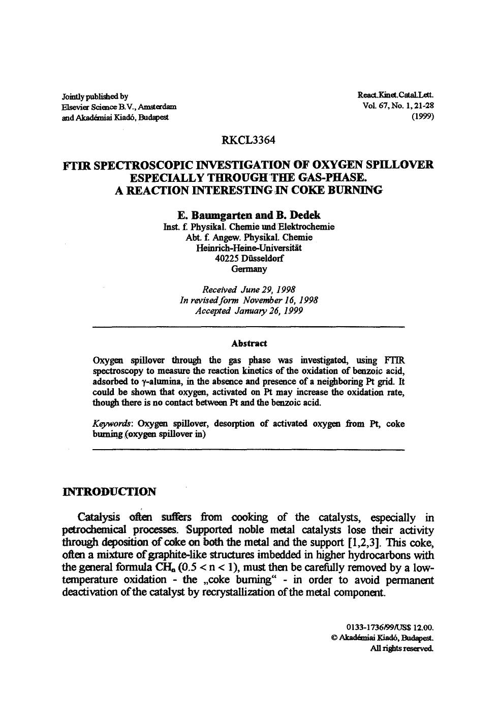 FTIR spectroscopic investigation of oxygen spillover especially through the gas-phase. A reaction interesting in coke burning by Unknown