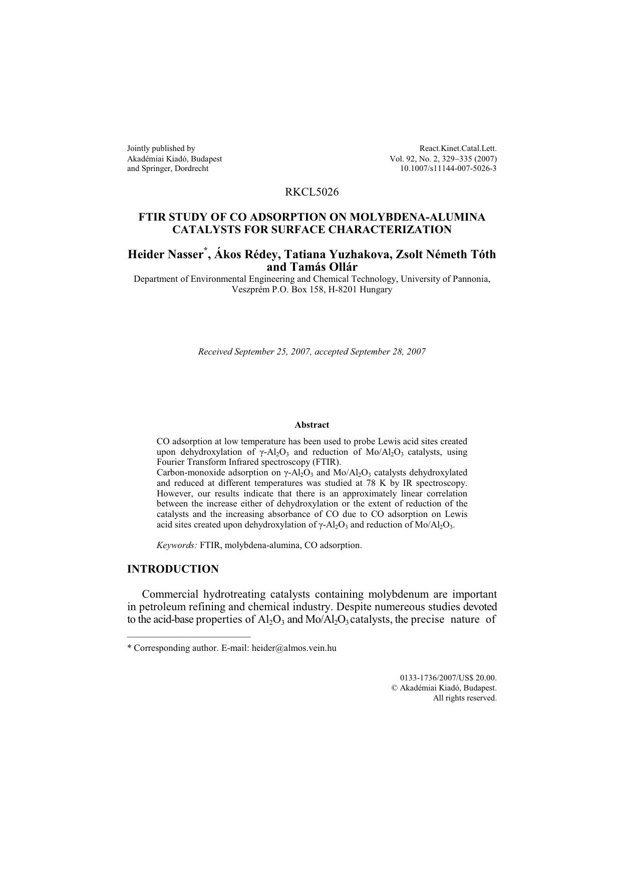 FTIR study of CO adsorption on molybdena-alumina catalysts for surface characterization by Unknown