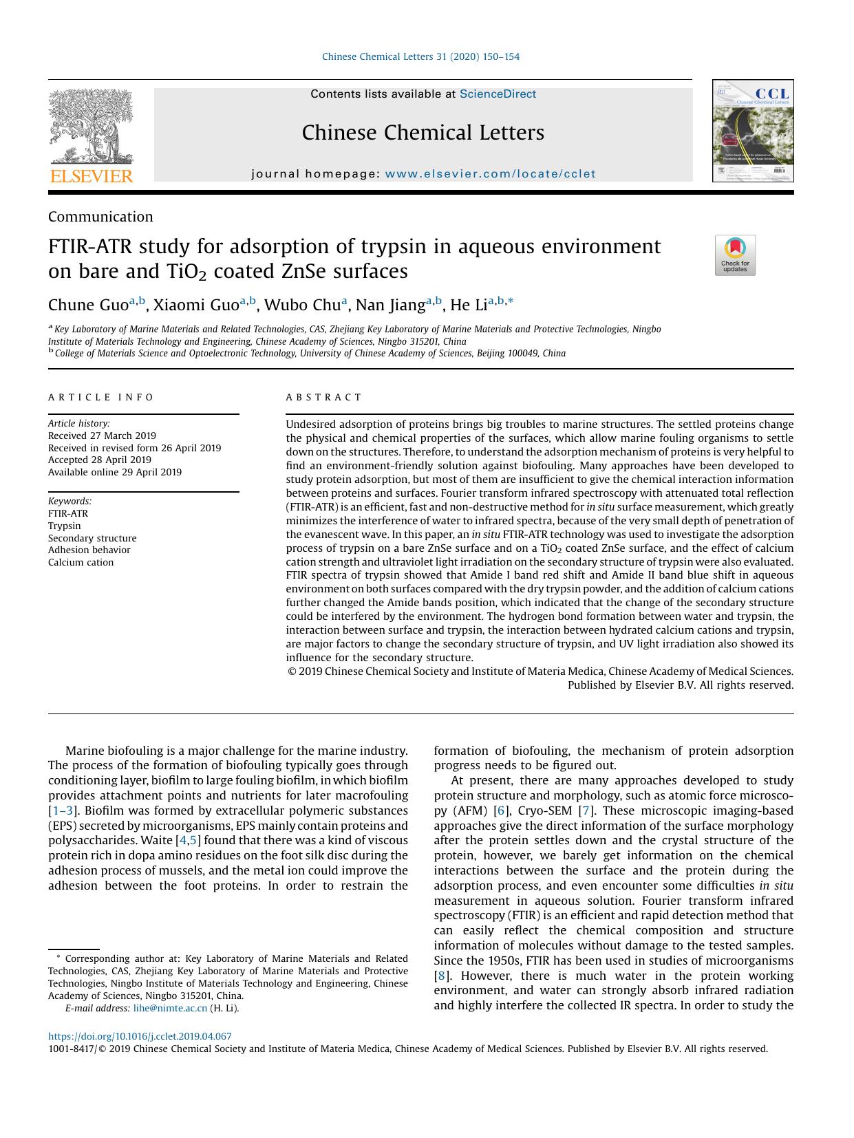 FTIR-ATR study for adsorption of trypsin in aqueous environment on bare and TiO2 coated ZnSe surfaces by Chune Guo & Xiaomi Guo & Wubo Chu & Nan Jiang & He Li