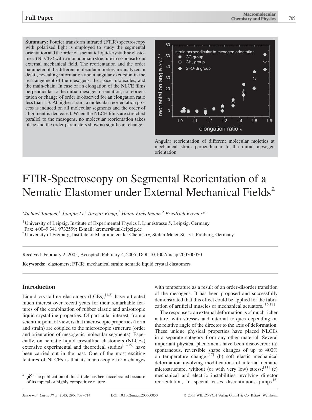 FTIR-Spectroscopy on Segmental Reorientation of a Nematic Elastomer under External Mechanical Fields by Unknown