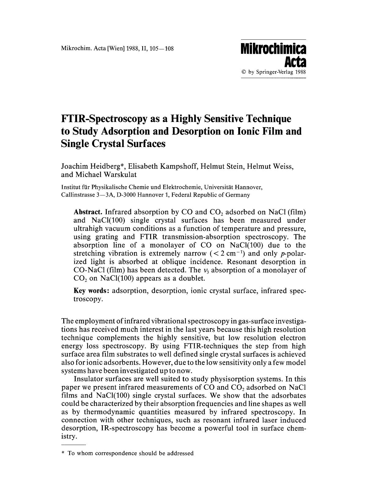 FTIR-spectroscopy as a highly sensitive technique to study adsorption and desorption on ionic film and single crystal surfaces by Unknown