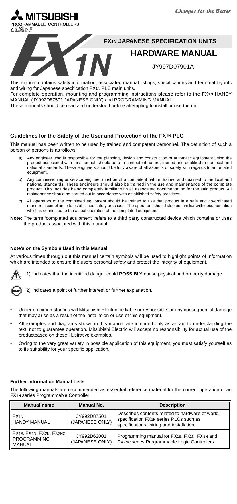 FX1N JAPANESE SPECIFICATION UNITS HATDWARE MANUAL by MITSUBISHI ELECTRIC CORPORATION