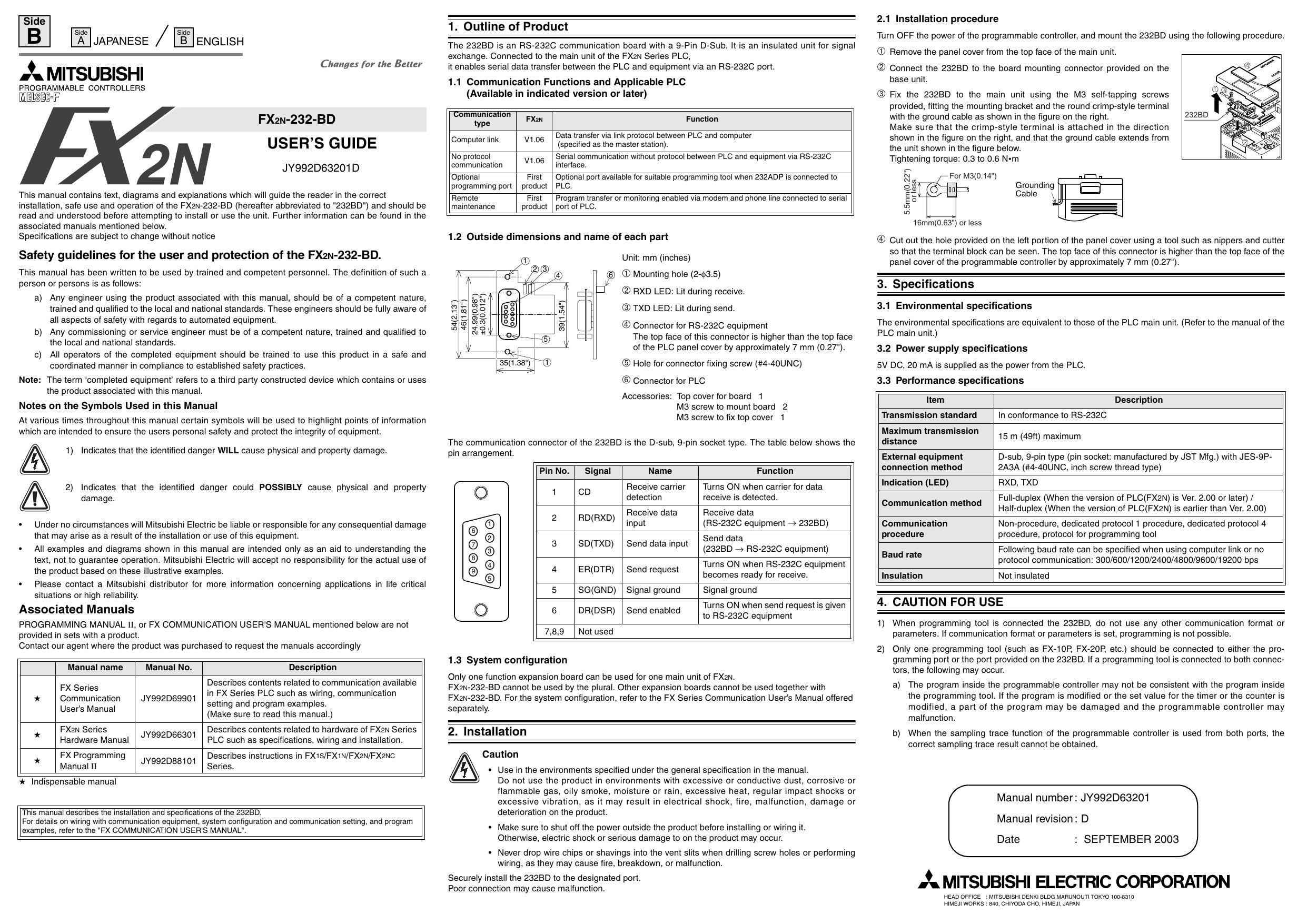 FX2N-232-BD USERâS GUIDE by MITSUBISHI ELECTRIC CORPORATION