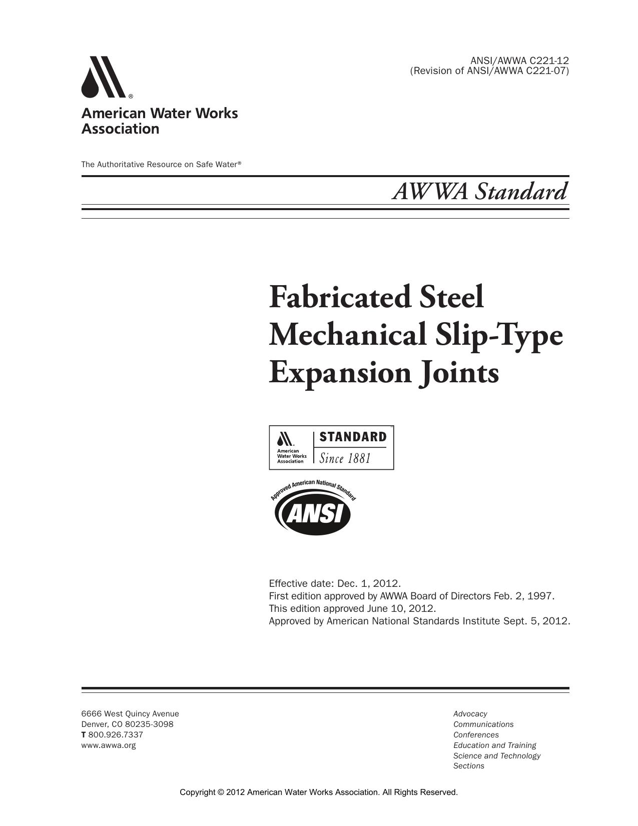 Fabricated steel mechanical slip-type expansion joints : AWWA standard by AWWA
