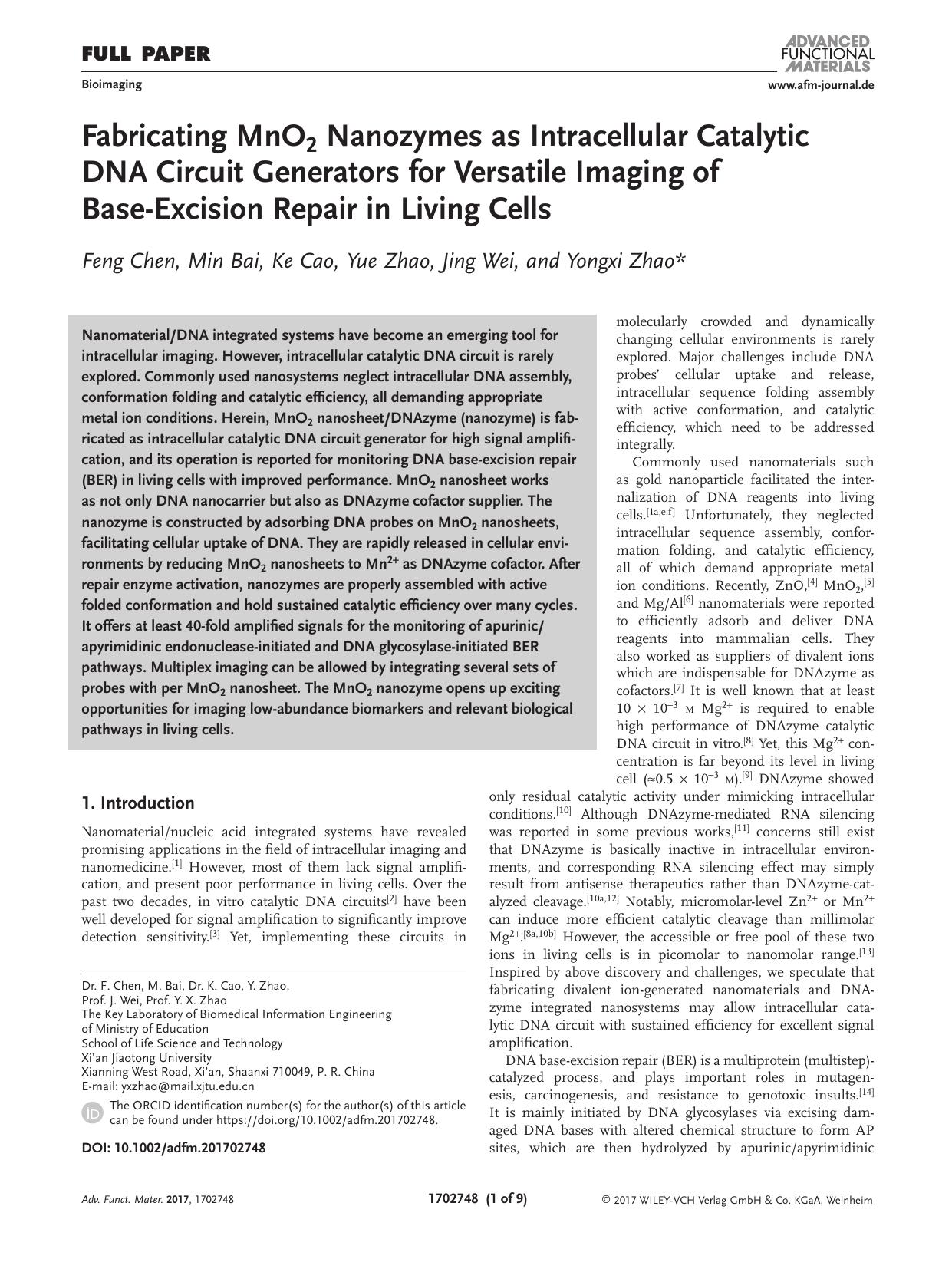 Fabricating MnO2 Nanozymes as Intracellular Catalytic DNA Circuit Generators for Versatile Imaging of Base‐Excision Repair in Living Cells by Unknown