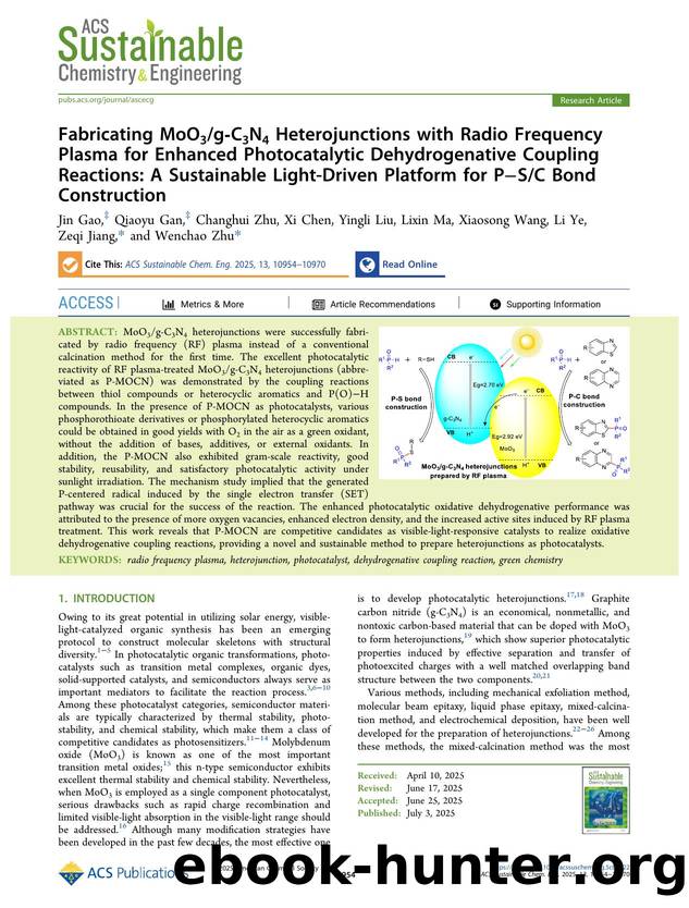 Fabricating MoO3g-C3N4 Heterojunctions with Radio Frequency Plasma for Enhanced Photocatalytic Dehydrogenative Coupling Reactions: A Sustainable Light-Driven Platform for PâSC Bond Construction by unknow