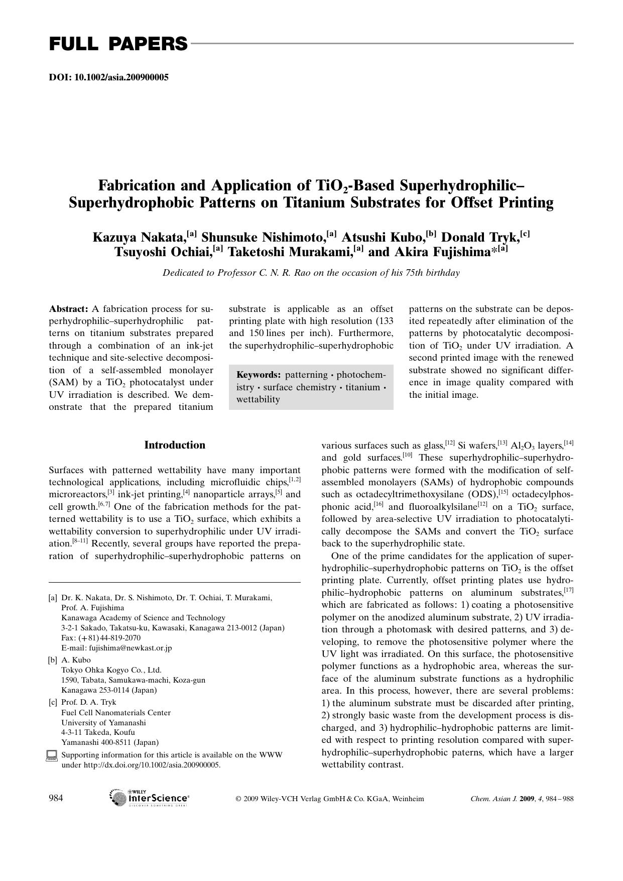 Fabrication and Application of TiO2-Based Superhydrophilic-Superhydrophobic Patterns on Titanium Substrates for Offset Printing by Unknown