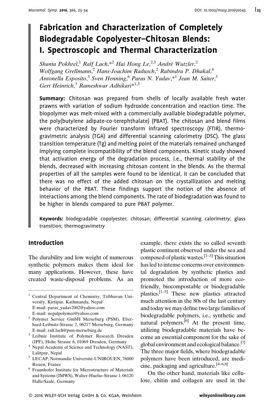 Fabrication and Characterization of Completely Biodegradable Copolyester-Chitosan Blends: I. Spectroscopic and Thermal Characterization by Unknown