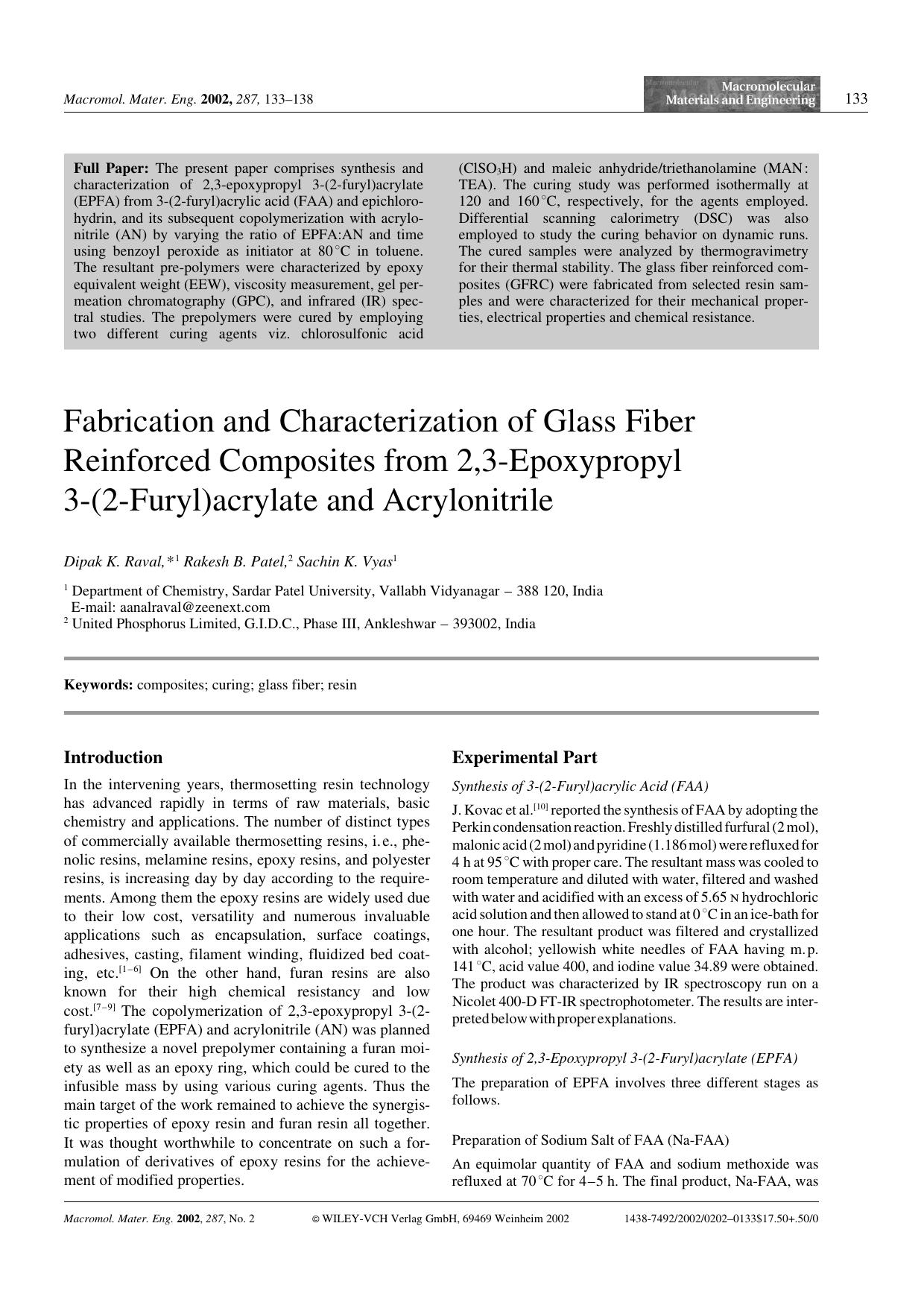 Fabrication and Characterization of Glass Fiber Reinforced Composites from 2,3-Epoxypropyl 3-(2-Furyl)acrylate and Acrylonitrile by Unknown