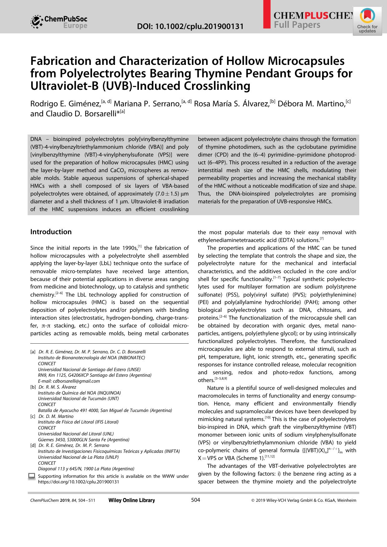 Fabrication and Characterization of Hollow Microcapsules from Polyelectrolytes Bearing Thymine Pendant Groups for UltravioletâB (UVB)âInduced Crosslinking by Unknown