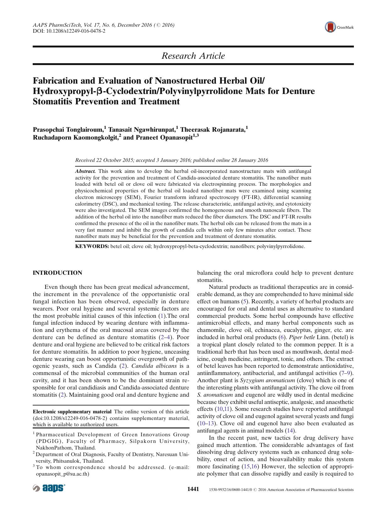 Fabrication and Evaluation of Nanostructured Herbal OilHydroxypropyl-Î²-CyclodextrinPolyvinylpyrrolidone Mats for Denture Stomatitis Prevention and Treatment by unknow