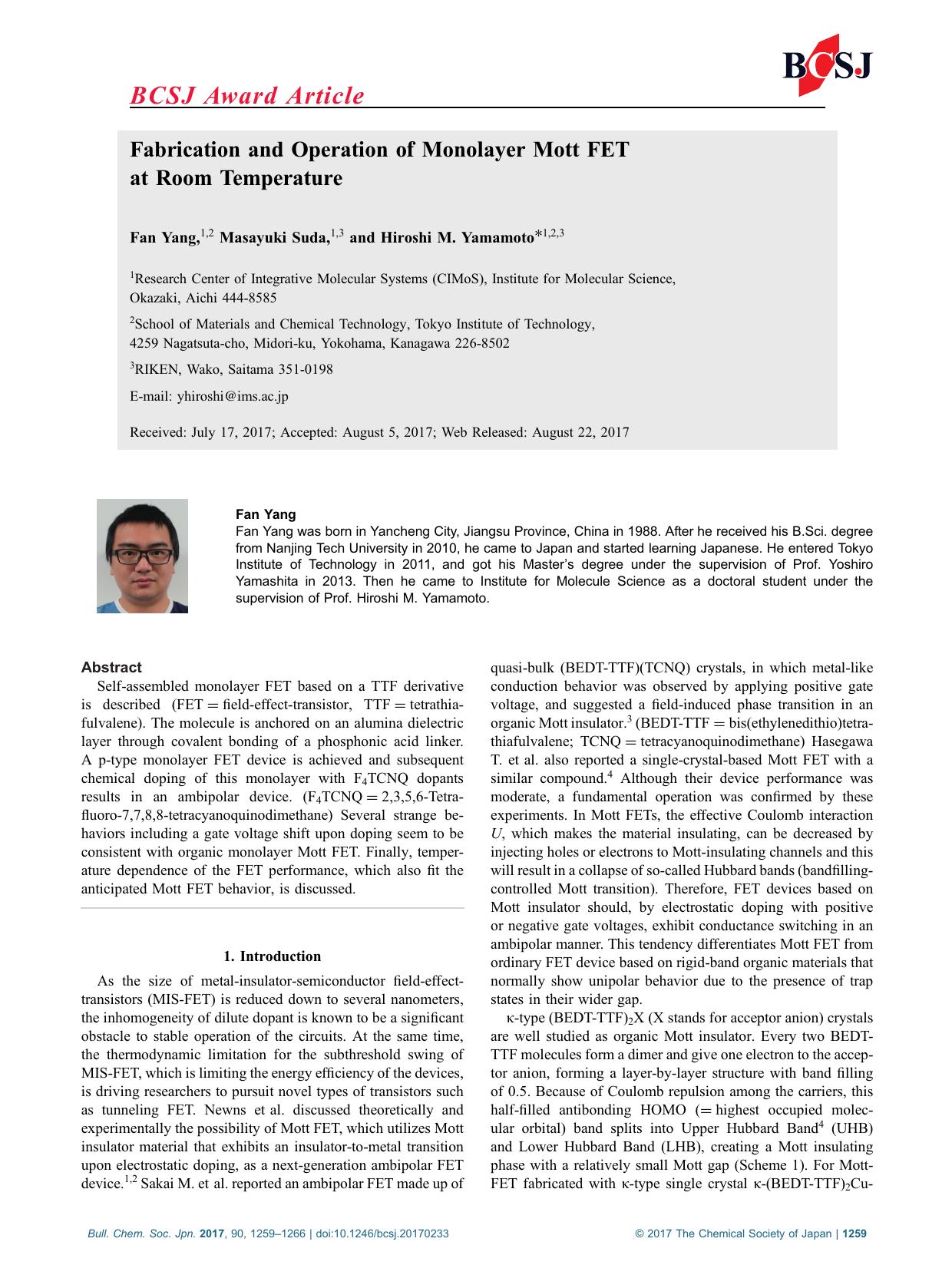 Fabrication and Operation of Monolayer Mott FET at Room Temperature by Unknown