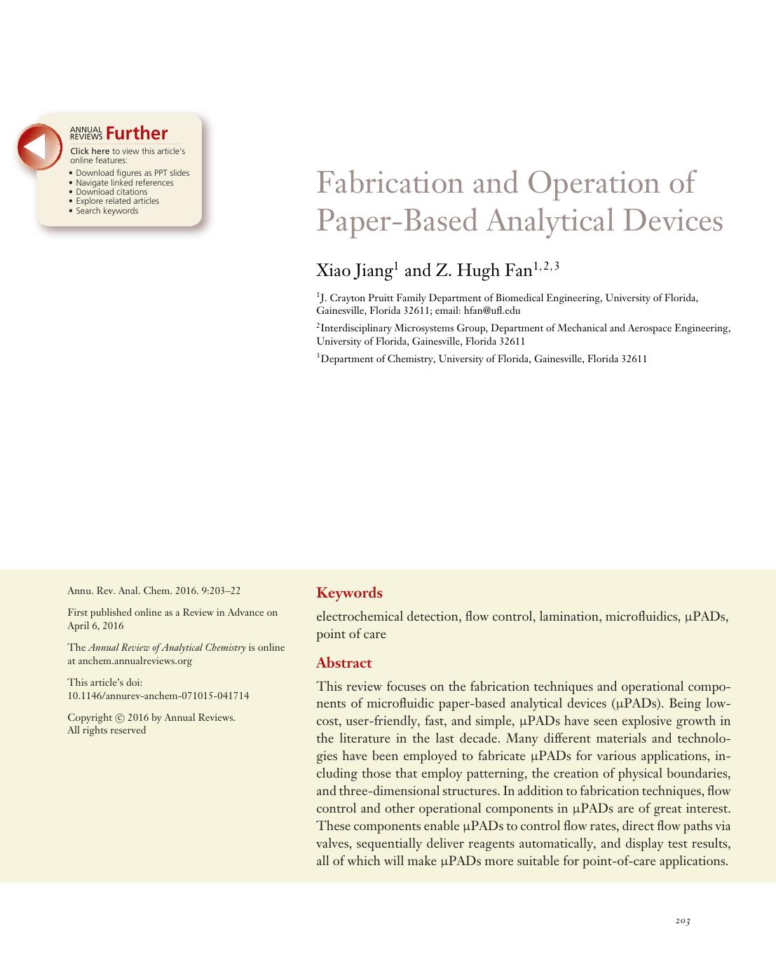 Fabrication and Operation of Paper-Based Analytical Devices by Xiao Jiang and Z. Hugh Fan