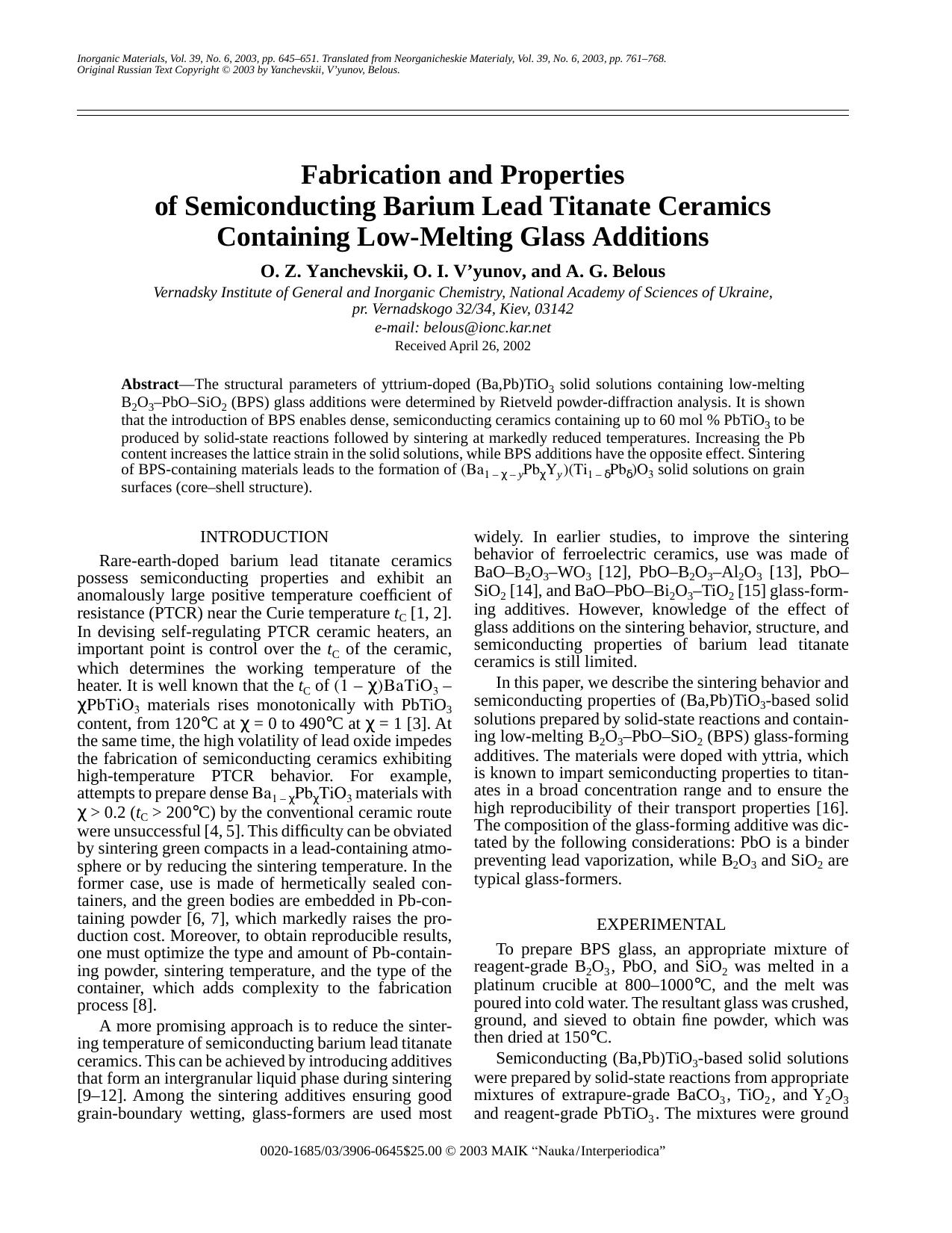 Fabrication and Properties of Semiconducting Barium Lead Titanate Ceramics Containing Low-Melting Glass Additions by Unknown